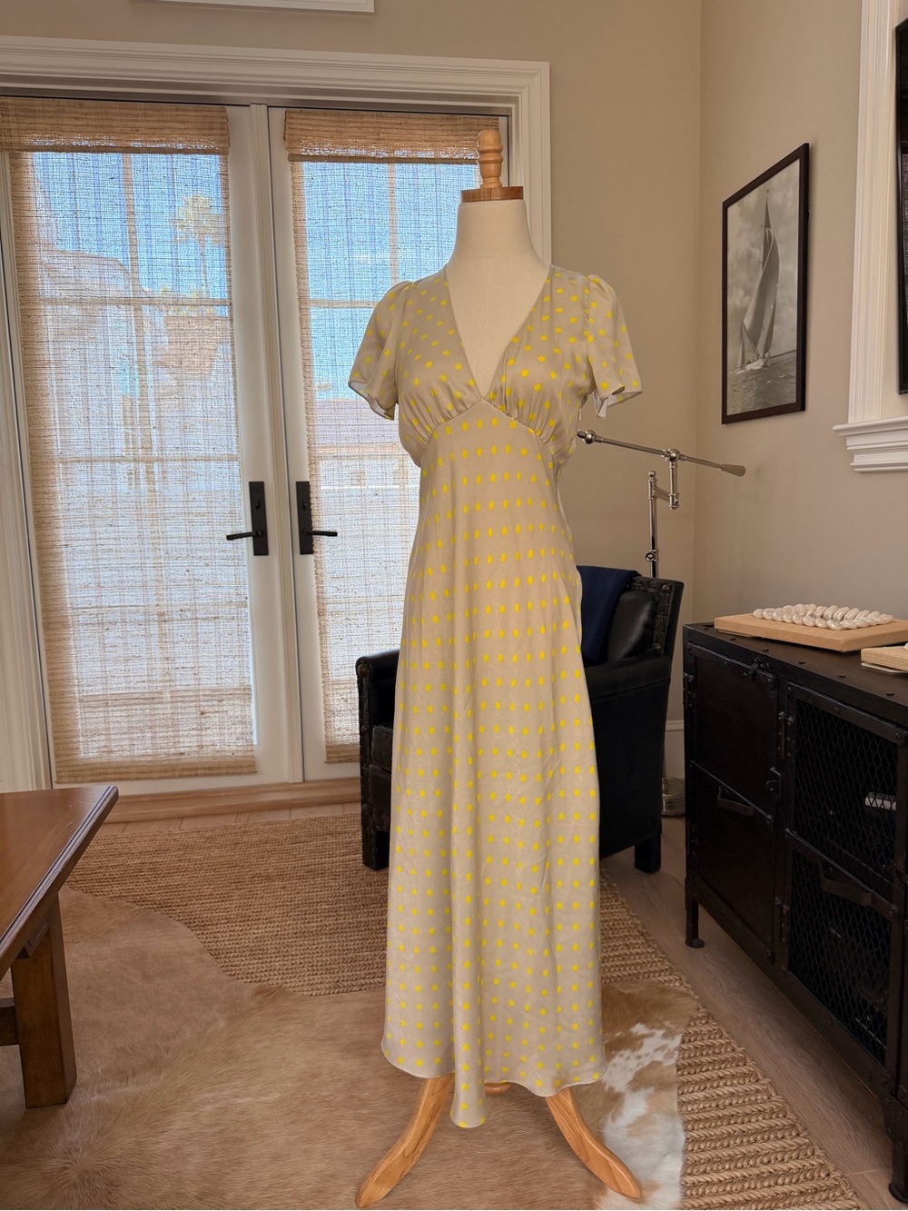 Zara Pale Gray Maxi Dress with Yellow Polka Dots